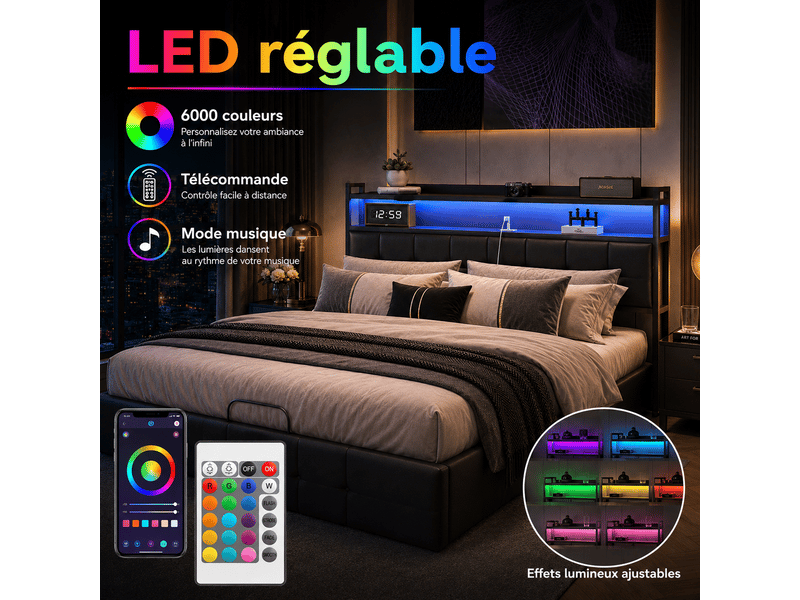 Lit coffre double 160x200cm avec led et prise usb tpye c - rangement de chevet et tête de lit rembourré- hydraulique - lit adulte 2 personnes - pu - noir - lit capitonné, lit 2 places, cadre de lit, lit ado, sommier à lattes, c… - Conforama C