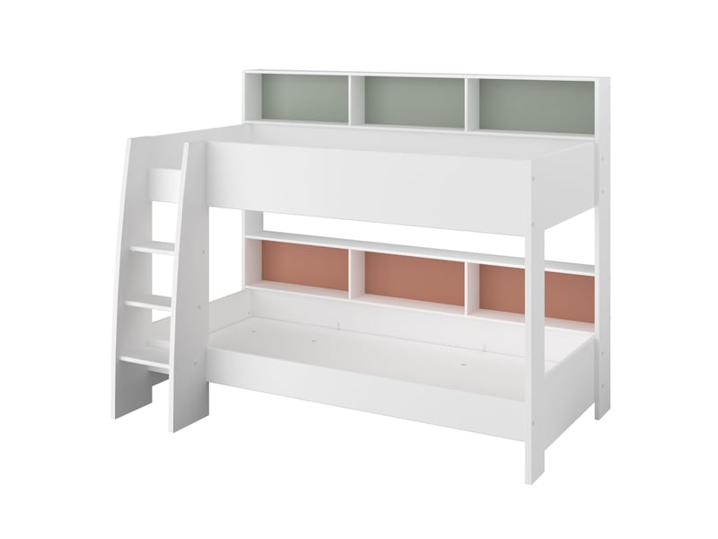  Lit superposé avec rangements 90x200 blanc, terracotta et vert céladon  - Conforama A