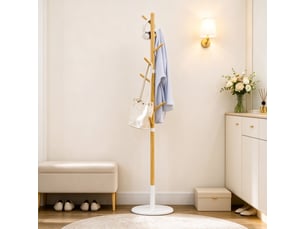 Porte-manteau sur pied à 8 crochets, meuble d'entrée pratique, 37.8 x 37.8 x 175.6 cm, naturel + blanc