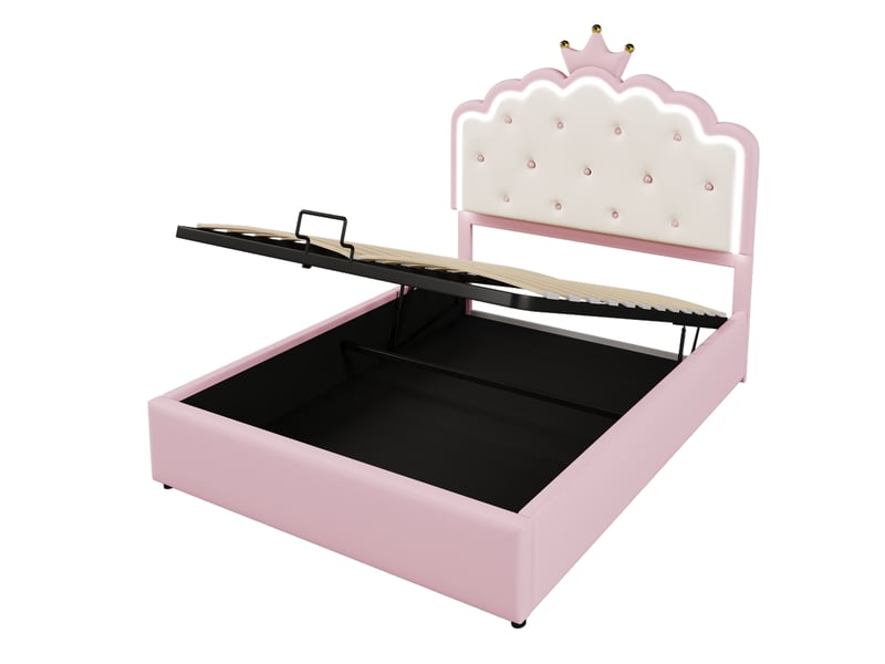  Lit coffre 140x200 cm, lit double enfant, tête de lit couronne, led télécommandée, sommier à lattes, rose, sans matelas  - Conforama E