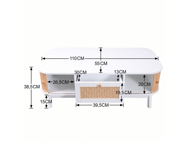 Table basse blanche et bois avec tiroir en rotin et portes coulissantes, 110 x 55 x 38,5 cm  - Conforama C