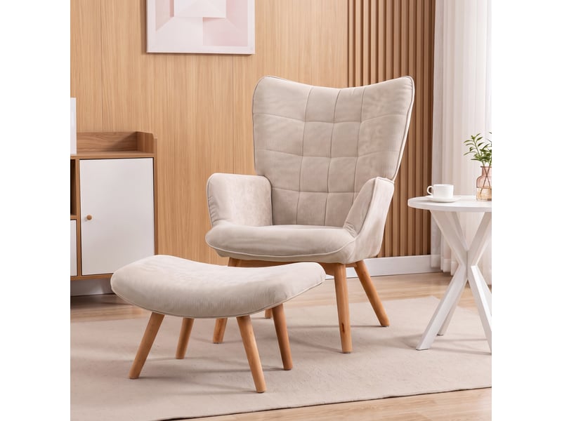  Fauteuil relax avec pouf et repose-pieds en velours côtelé, dossier haut et accoudoirs, beige  - Conforama D