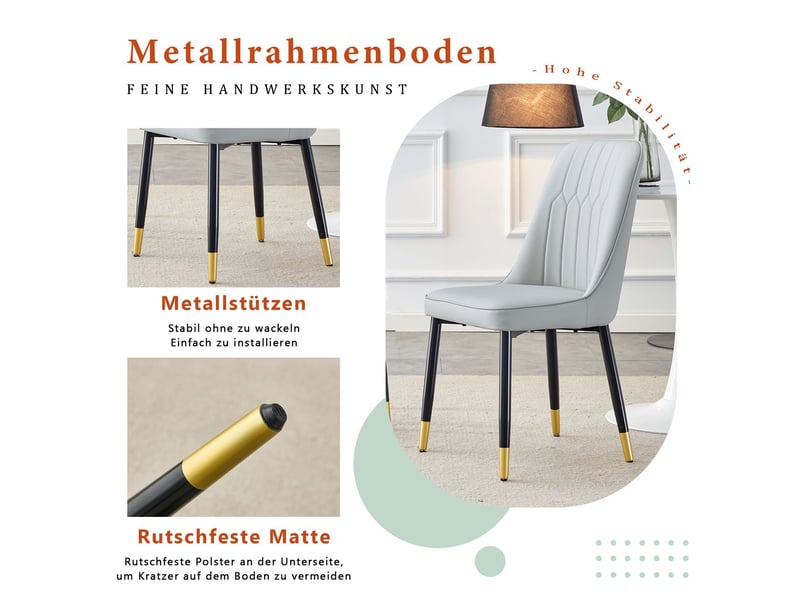  Chaise de salle à manger dossier rembourré ensemble de six similicuir pu gris clair pieds en métal noir style moderne  - Conforama D