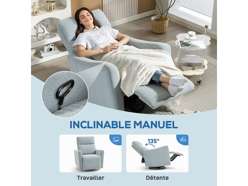  Fauteuil de relaxation inclinable et pivotant tissu aspect lin gris-bleu 82x90,5x101 cm  - Conforama D
