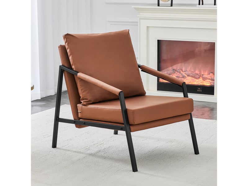  Fauteuil d'accent 67x67x80cm – fauteuil salon individuel rembourré avec structure en métal noir – simili cuir - marron  - Conforama D