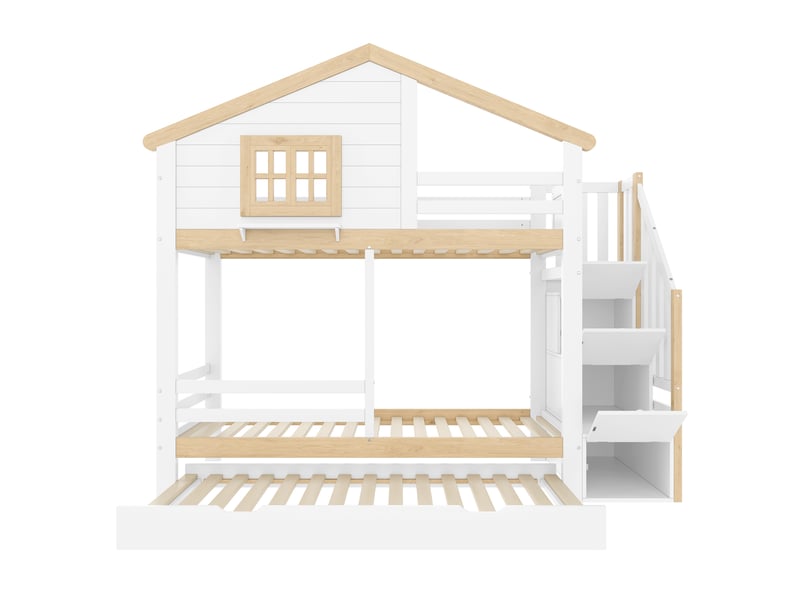  Lit superposé cabane avec lit gigogne et escalier, lit enfant 90x200 cm en bois massif, sécurité optimale, blanc et bois naturel  - Conforama W