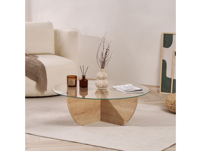  Table basse de salon en verre trempé et bois mdf mélaminé chêne saphir 90 x 90 x 30 cm  - Conforama C