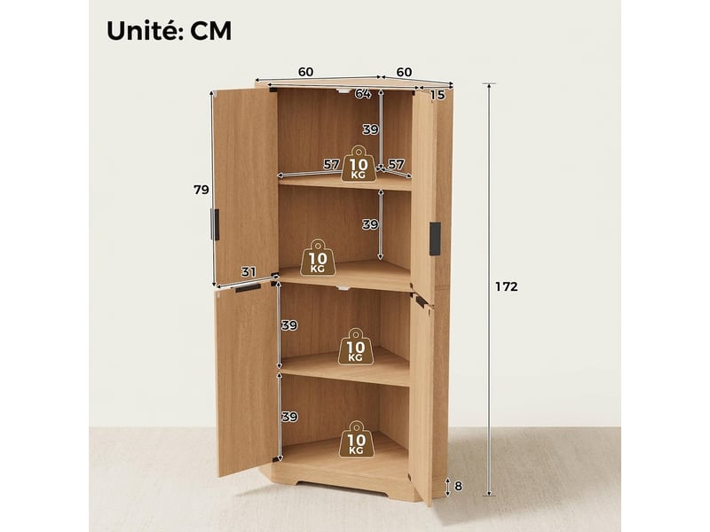 Buffet de cuisine d'angle naturel 60x60x172 cm avec 4 portes et étagères réglables  - Conforama C