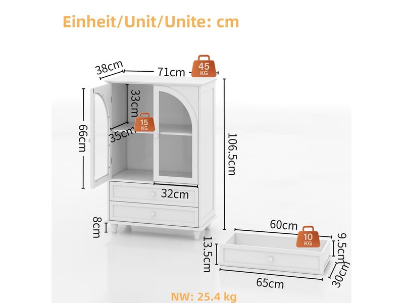 Buffet haut modenvie style campagne 71 x 38 x 106,5 cm blanc mdf portes en verre trempé  - Conforama C