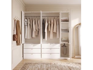 Armoire 5 portes modenvie blanche à portes persiennées 225 x 50 x 200 cm avec 3 tringles et 6 tiroirs