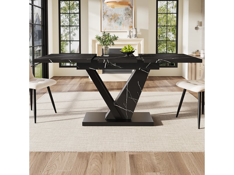  Table à manger extensible - table extensible rectangulaire pour 4 à 6 personnes avec plateau marbre noir - mdf et métal - noir - 120-160×75×75,5 cm  - Conforama D