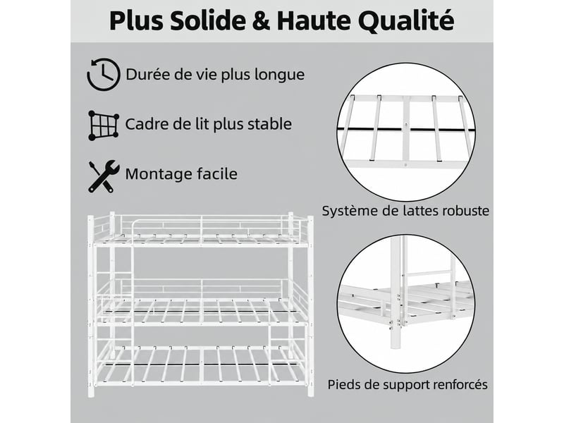  Lit superposé triple 90 x 190 cm en métal avec échelle intégrée et barrières de sécurité  - Conforama R