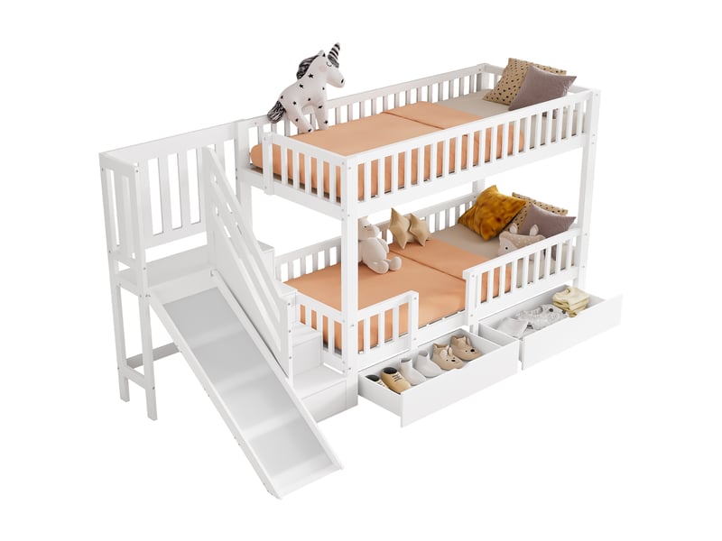 Lit superposé enfant 90x200 cm avec toboggan, escaliers, 2 tiroirs et porte magnétique, en bois, blanc, sans matelas - Conforama A