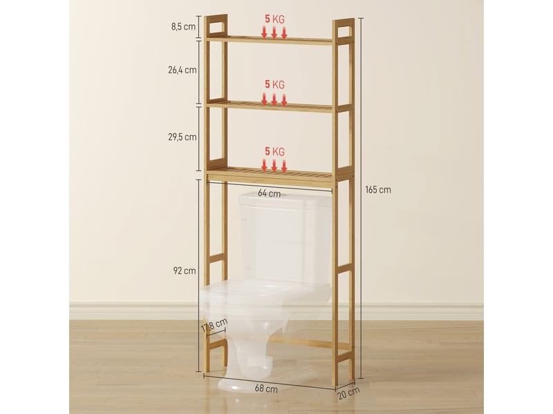  Meuble de salle de bain à suspendre aux toilettes avec 3 étagères et tapis antidérapants 68 x 20 x 165 cm naturel  - Conforama E