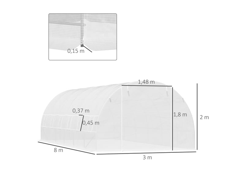 Serre tunnel extérieur 8x3x2 m, 12 fenêtres, porte enroulable, plantestomateslégumes, acierpe 140 gm², blanc. - Conforama E