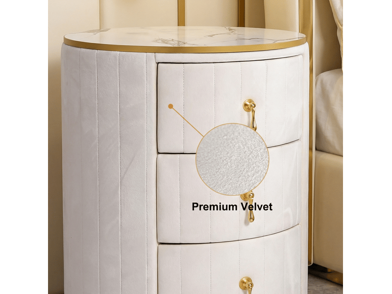  Table de chevet ronde 40x40x52,5 cm avec 3 tiroirs, velours blanc, plateau effet marbre et détails métal doré  - Conforama E