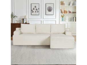Canapé d'angle compressé en l 238x152x66 cm modulable 3 places, mousse et velours côtelé couleur beige, moderne