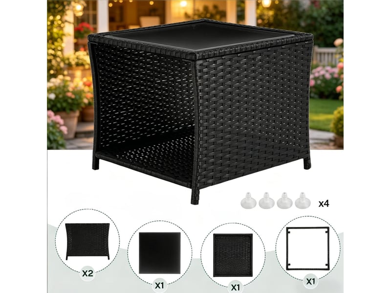 Table de jardin carrée noire en résine tressée avec plateau en verre et rangement ouvert, 45 x 45 x 40 cm - Conforama D
