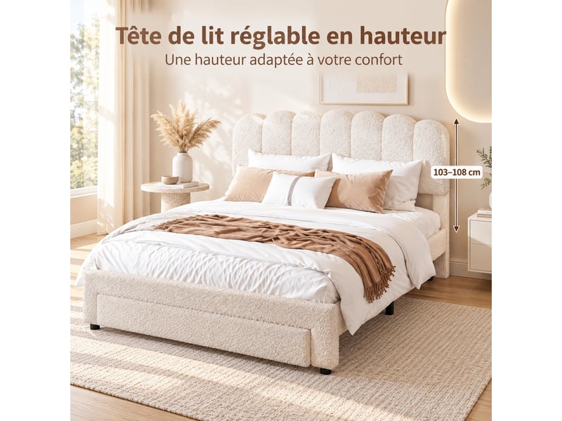  Lit double rembourré 160x200 cm avec tiroir, lit adulte avec rangement et ports usb, tête de lit coquillage réglable en hauteur, lit adulte avec sommier à lattes, beige  - Conforama W