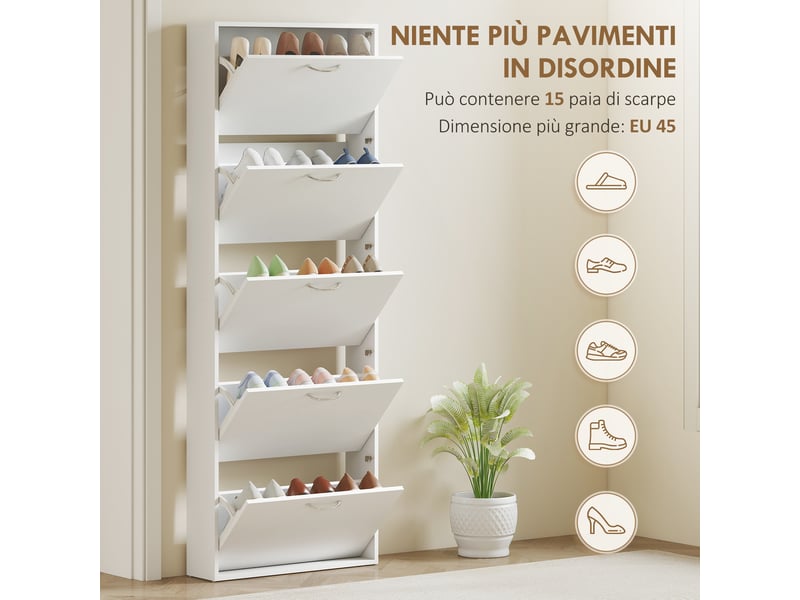  Étagère à chaussures en bois anti-basculement à 5 portes, 65 x 17 x 180,5 cm, blanche  - Conforama E
