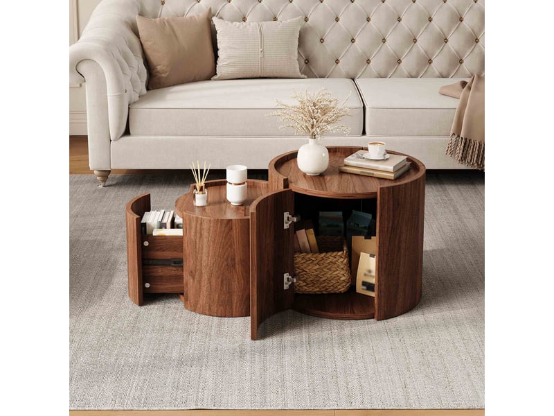Table basse ronde 77,5x47,5x40 cm avec tiroirs et portes arrondies, table de salon avec rangement, design moderne -mdf-noyer - Conforama D
