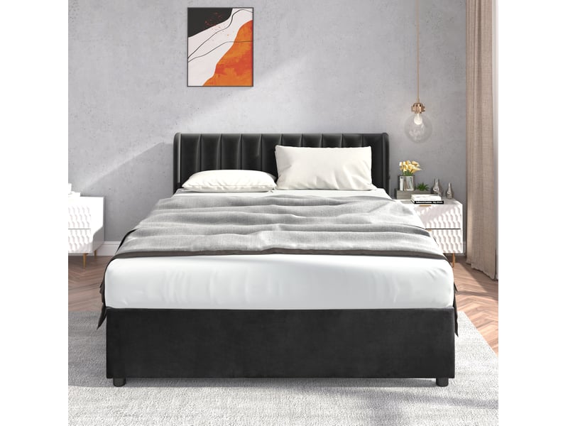  Lit 2 places 140 x 200 cm – noir – velours, sommier inclus, tête de lit et 2 tiroirs  - Conforama B