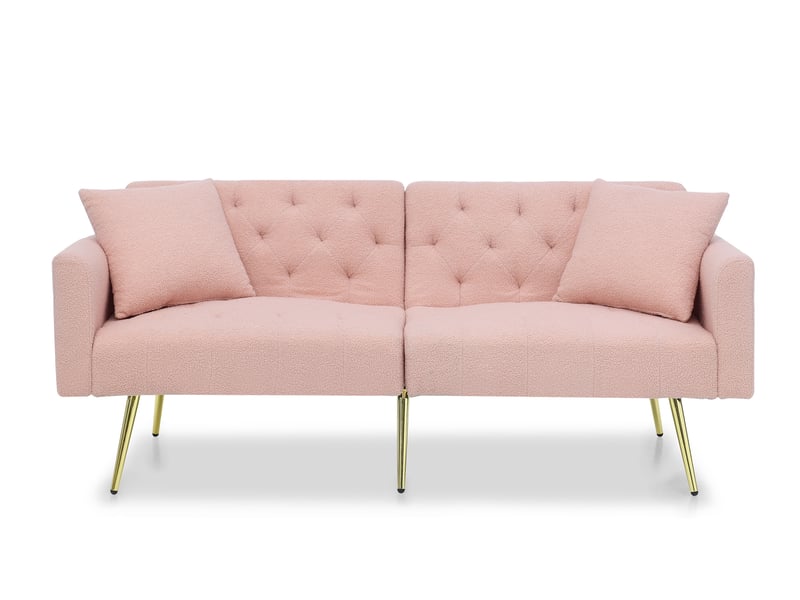  Canapé convertible 2 places avec dossier réglable 3 positions, 2 coussins et pieds en métal doré, en teddy rose  - Conforama A