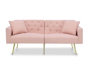 Canapé convertible 2 places avec dossier réglable 3 positions, 2 coussins et pieds en métal doré, en teddy rose