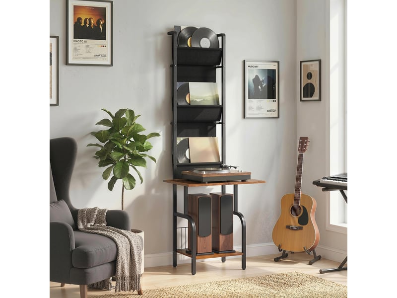 Présentoir à cd industriel, support de rangement pour cd et dvd avec 3 poches en tissu et plateau, aspect bois rustique marron  - Conforama C