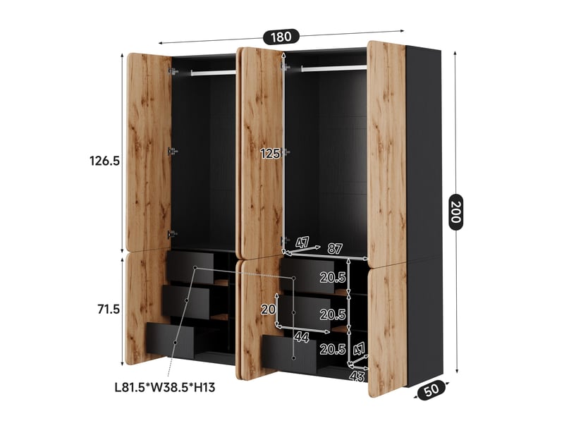 Armoire chambre penderie 180x50x200 cm, garde-robe dressing moderne grand rangement, 8 portes 6 tiroirs 2 tringles, en mdf, chêne  - Conforama E