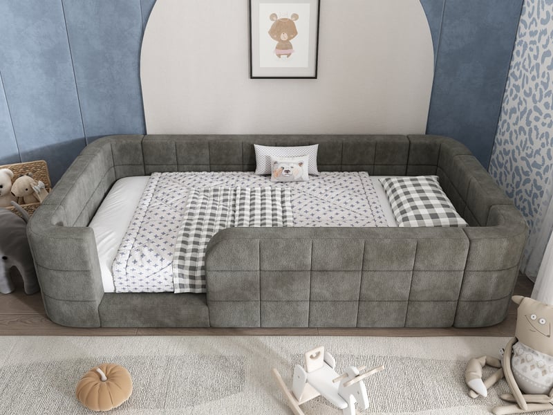  Lit enfant rembourré 90x190 cm, lit au sol en chenille douce, barrière de protection tout autour, accès bas, gris  - Conforama B