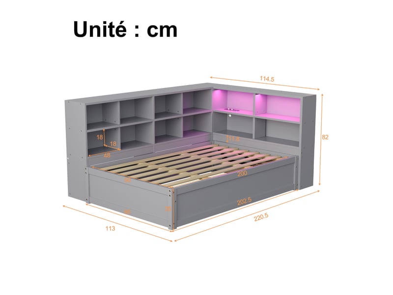  Lit banquette simple 90x200 cm en bois massif avec coffre hydraulique, prise et led, gris, matelas non précisé  - Conforama D