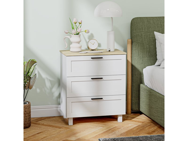  Commode 3 tiroirs meuble de rangement style moderne pieds en bois massif et plateau effet bois, 60 x 38 x 71 cm, blanc  - Conforama D