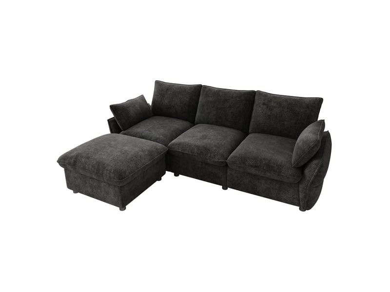Canapé d'angle 3 places avec pouf modulable et 2 coussins, en chenille gris foncé, 222,5 × 154,5 × 76,5 cm - Conforama A