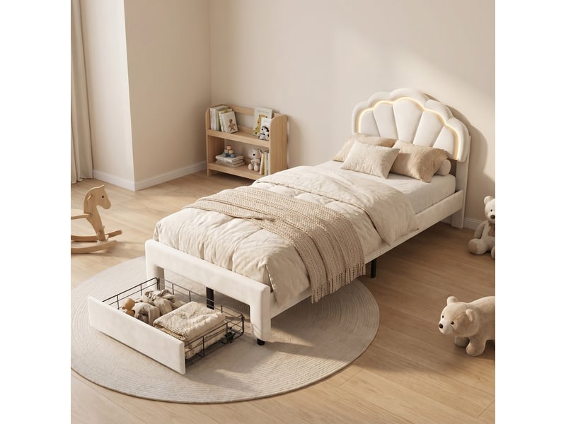 Lit enfant 90x200 cm design coquillage avec led rgb et tiroir de rangement - structure en velours blanc - sommier à lattes inclus - Conforama D