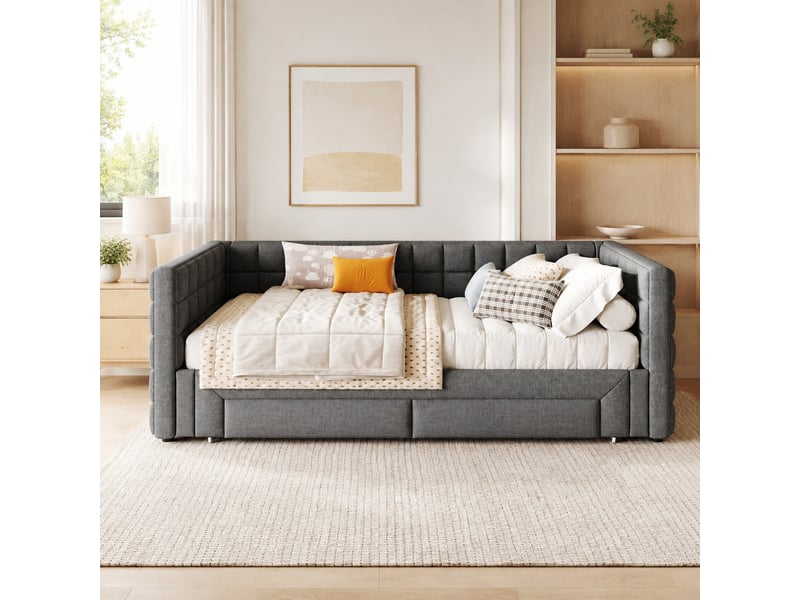  Lit extensible 90x200 cm en velours gris avec 2 tiroirs  - Conforama B