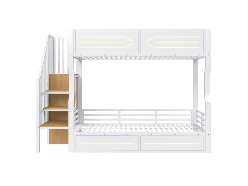 Lit mezzanine 90x200 cm avec rangement, escalier, lit enfant avec led et garde-corps haut, métal+mdf, blanc sans matelas - Conforama R