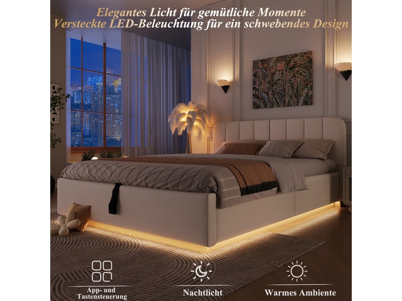  Lit coffre hydraulique 140x200 cm rembourré en chenille beige avec tête de lit, led intégrée et sommier à lattes Morn Vibe - Conforama E