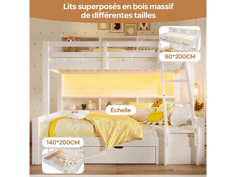 Lit superposé 90x200 et 140x200 cm avec niches, tiroir et led, en pin, mdf et contreplaqué, blanc - Conforama E