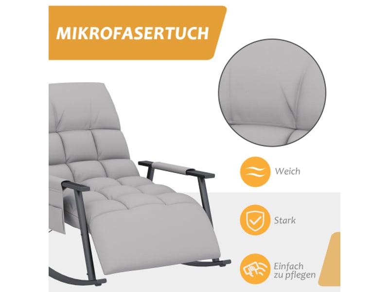  Fauteuil à bascule gris en microfibre avec repose-pieds, dossier réglable, poche latérale, 120 kg  - Conforama B