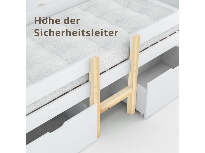 Lit enfant mi-hauteur 90 x 200 cm avec 2 tiroir et protection contre les chutes, lit simple en pin massif, blanc - Conforama D