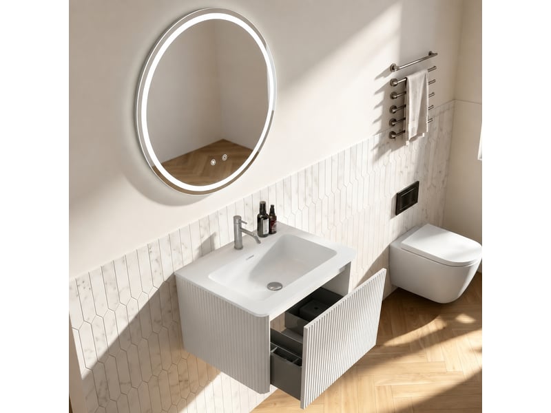  Ensemble meuble vasque suspendu 60 cm avec miroir rond led, finition blanche  - Conforama E