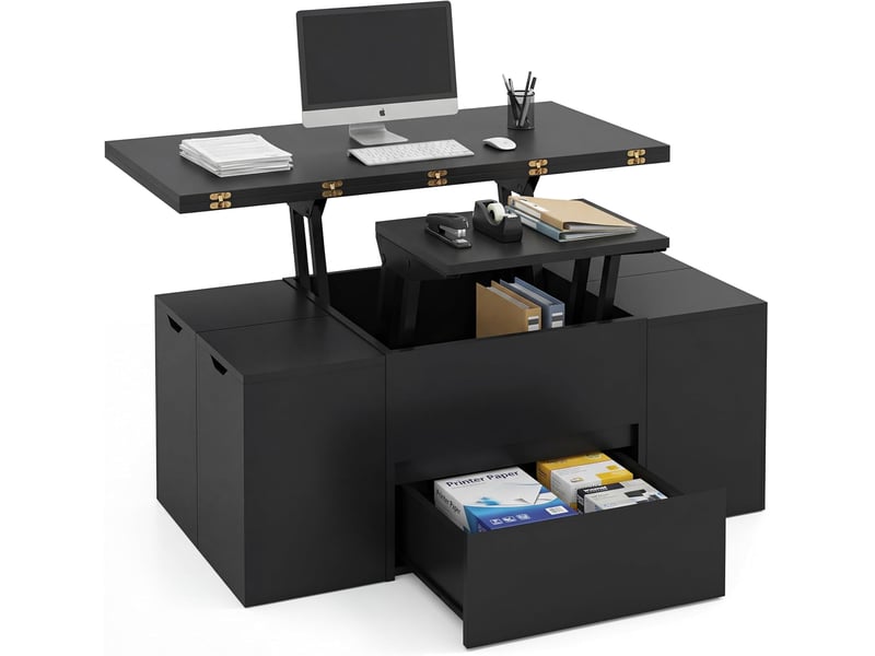 Table basse relevable avec 4 tabourets de rangement, compartiment caché, 1 tiroir, table de café moderne avec plateau relevable, charge 75 kg (noir) - Conforama A