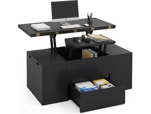 Table basse relevable avec 4 tabourets de rangement, compartiment caché, 1 tiroir, table de café moderne avec plateau relevable, charge 75 kg (noir)