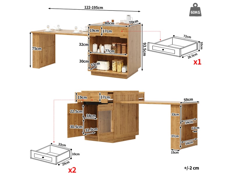 Îlot de cuisine extensible 122-195 x 70 x 93,5 cm – effet chêne – led, rangement et tiroirs - Conforama C
