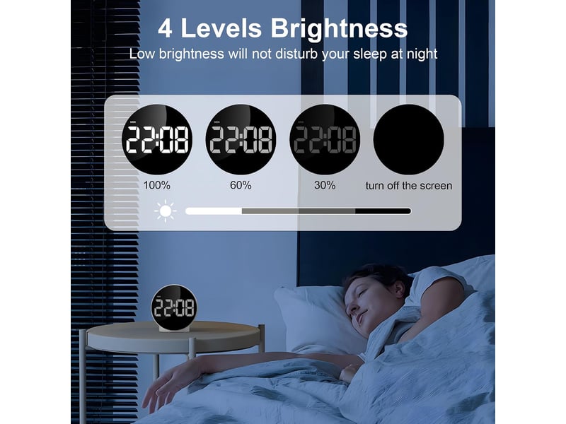  Reveil numerique avec led ecran incurvé, rond digitale reveil matin moderne avec 2 alarme, fonction snooze, 1224h, 4 luminosité réglable, blanc  - Conforama C