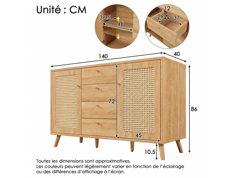  Buffet 4 tiroirs et 2 portes effet rotin, finition chêne clair, 140x40x86 cm  - Conforama C