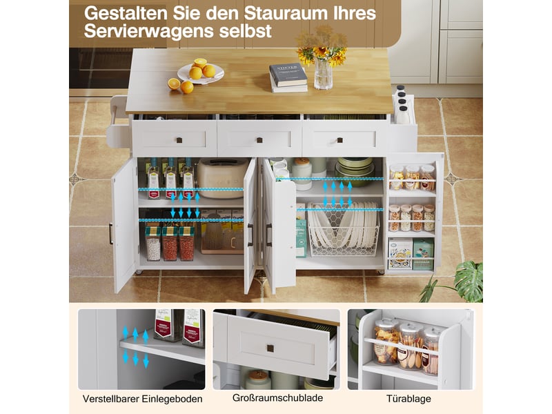  Îlot de cuisine blanc rustique 140 × 43–70 × 90,5cm, plateau rabattable, 4 portes, 3 tiroirs et étagères de porte  - Conforama E
