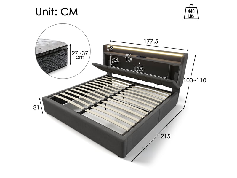  Lit coffre tcqpz 160 x 200 cm avec tête de lit de rangement led usb type-c gris  - Conforama C