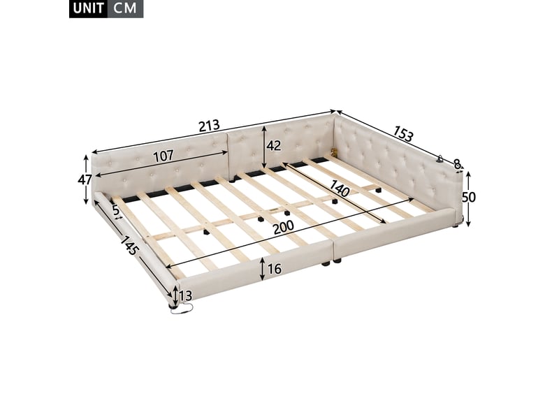  Lit enfant 140x200 cm, éclairage led multicolore, ports usb et usb-c, tête boutonnée, lin et mdf, beige, sans matelas  - Conforama C